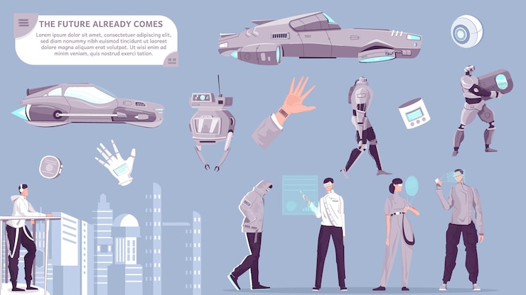 Bezpłatny plik Wektor przyszłość już nadchodzi płaski zestaw ludzi, którzy używali inteligentnych gadżetów, robotów i transportu izolowanej ilustracji wektorowych