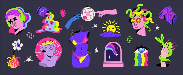 Psychodeliczne naklejki z kolumnami z antyczną rzeźbą grecką w modnym kwasowym stylu Retro odlotowy zestaw wektorowy z kulą dyskotekową, rzymskimi posągami, głowami i torsem oraz ikonami Rave we współczesnym stylu