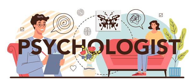 Psycholog typograficzny nagłówek Diagnostyka zdrowia psychicznego Lekarz leczący ludzki umysł Test psychologiczny i pomoc Analiza myśli i emocji Ilustracja wektorowa w stylu kreskówki