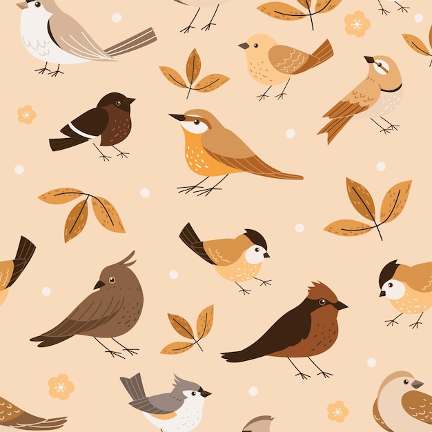 ptaki i suche liście w stylu wzoru