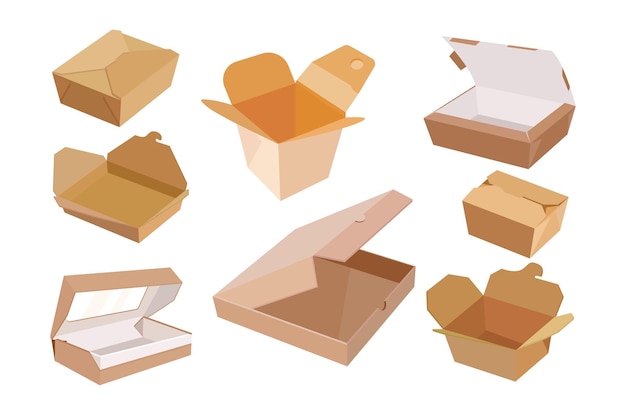 Pudełka kartonowe na zestaw ilustracji wektorowych fast food. Opakowania papierowe lub opakowania jednorazowe na lunch lub posiłek z kawiarni lub na wynos na białym tle. Żywność, koncepcja opakowania