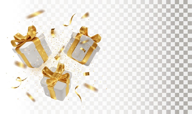 Pudełka prezentowe 3d ze złotą wstążką i kokardą i konfetti na przezroczystym tle Puste na świąteczny baner lub pocztówkę