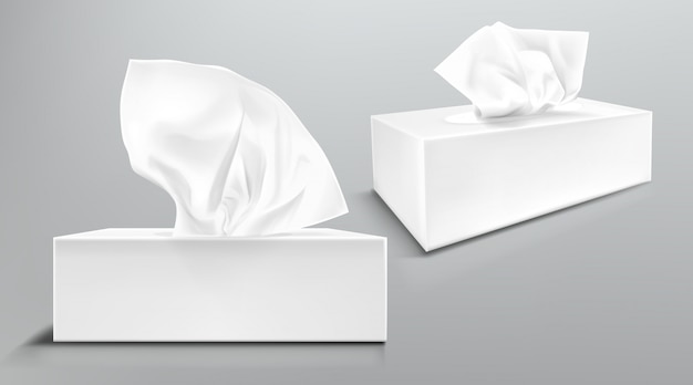 Pudełko z białymi papierowymi serwetkami z przodu i pod kątem. Wektor realistyczna makieta pustego opakowania kartonowego z chusteczkami do twarzy lub chusteczkami na białym tle