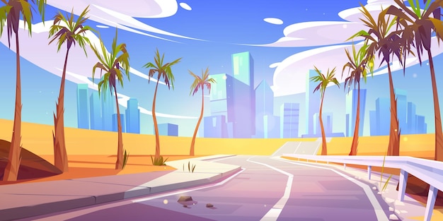 Bezpłatny wektor pusta pustynna droga do budynku miasta futurystyczne tło wektor widok miejskiego pejzażu i asfaltowa autostrada z palmą usa wieżowiec w centrum miasta nowoczesna prędkość dla ruchu samochodowego panorama gorącego piasku