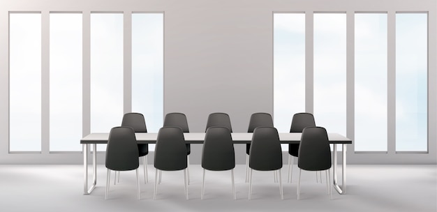 Pusta sala konferencyjna z długim biurkiem i krzesłami dla biznesu
