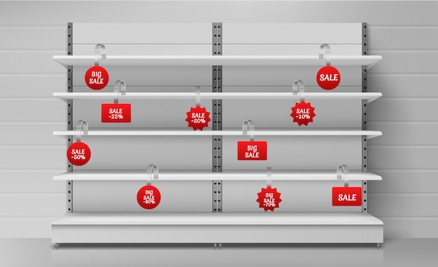 Bezpłatny wektor puste półki supermarketów z czerwonymi woblerami