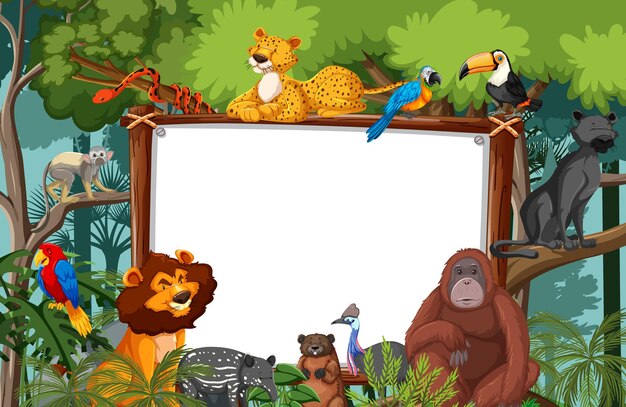 Pusty baner na scenie lasu deszczowego z dzikimi zwierzętami