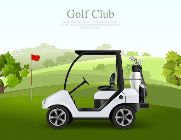 Pusty golfowy samochód z torbą kluby na zieleni pola realistycznej wektorowej ilustraci