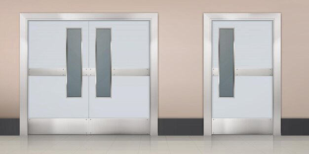 Pusty korytarz z podwójnymi drzwiami do laboratoryjnej sali szpitalnej lub kuchni restauracyjnej realistyczne wnętrze hali w poczekalni kliniki medycznej lub holu z metalowymi drzwiami do laboratorium