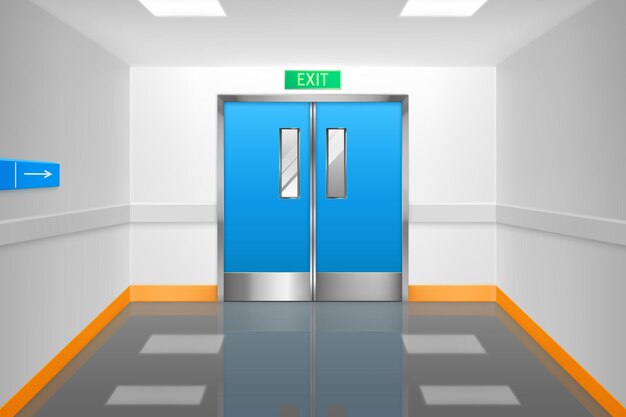 Pusty korytarz z podwójnymi drzwiami i znakiem wyjścia w szpitalu lub laboratorium
