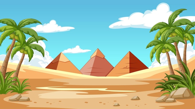 Bezpłatny wektor pustynna oaza z starożytnymi piramidami
