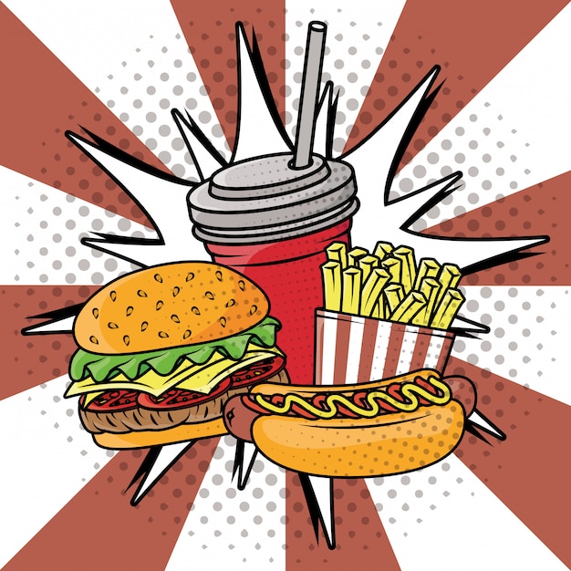 Bezpłatny wektor pyszny fast-food w stylu pop-art