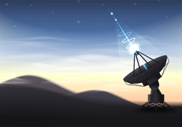 Bezpłatny wektor rakietowy statek kosmiczny realistyczna kompozycja z krajobrazem zachodu słońca i futurystyczną anteną wysyłającą sygnał laserowy do ilustracji wektorowych kosmosu