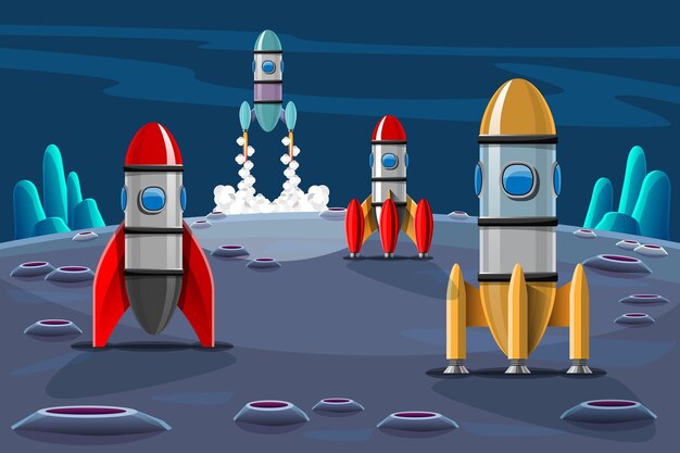 Rakiety są wystrzeliwane ze stacji w kosmos. Zestaw na białym tle startu rakiety. Rakiety misji kosmicznej z dymem. ilustracja w stylu 3D