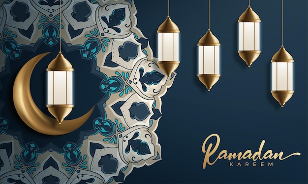Ramadan kareem dekoracyjny księżyc z wiszącymi lampami