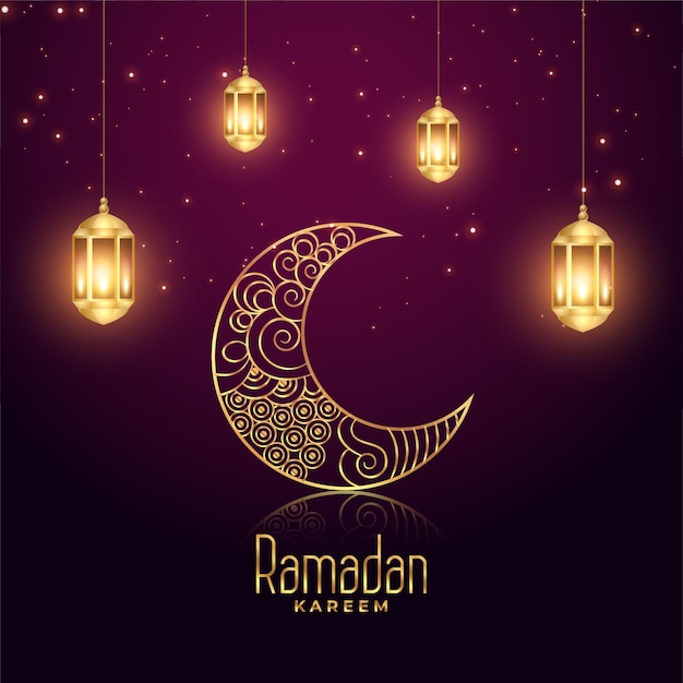 Bezpłatny wektor ramadan kareem eid festiwal świecące lampy i księżyc