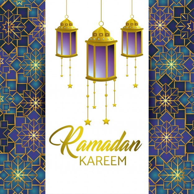 Bezpłatny wektor ramadan kareem i karta z lampami i gwiazdami
