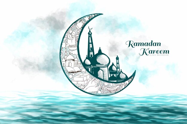 Bezpłatny wektor ramadan kareem islamski akwarela księżyc kartkę z życzeniami w tle