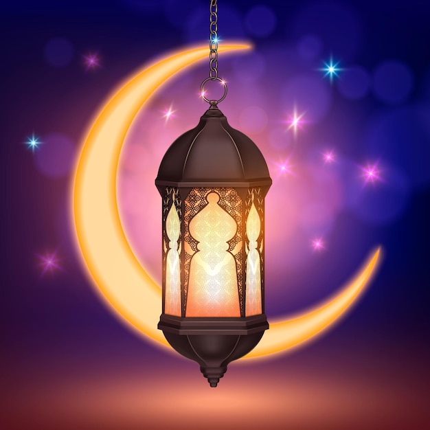 Ramadan kareem lantern moon realistyczna kompozycja z kolorowymi rozmytymi gwiazdami i półksiężycem