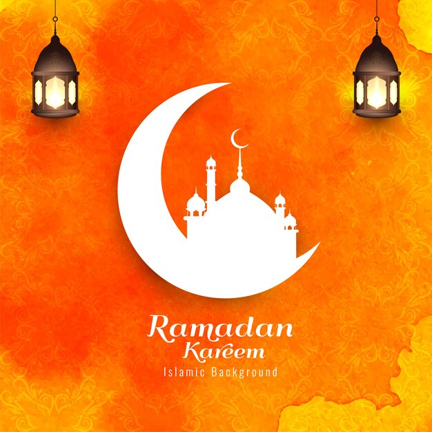 Ramadan Kareem, religijne islamskie sylwetki z pomarańczowym tłem