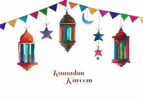 Bezpłatny wektor ramadan kareem trzy kolorowe tradycyjne lampy islamskie w tle karty