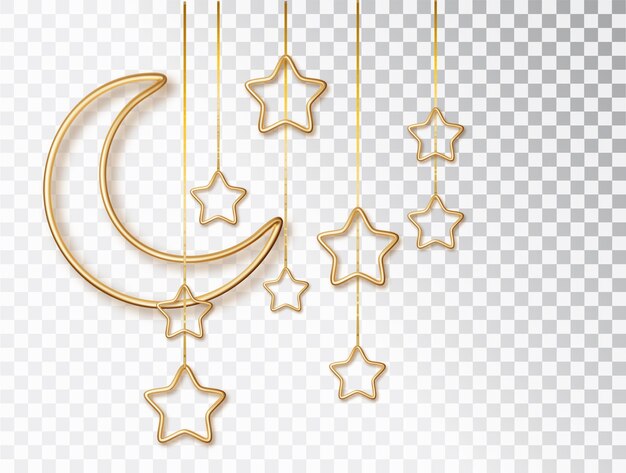 Ramadan realistyczny złoty półksiężyc z wiszącymi gwiazdami na białym tle Ramadan Kareem element projektu 3d na muzułmańskie święta na białym tle