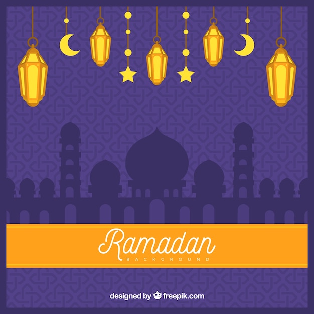 Bezpłatny wektor ramadan tło z lampy i meczet