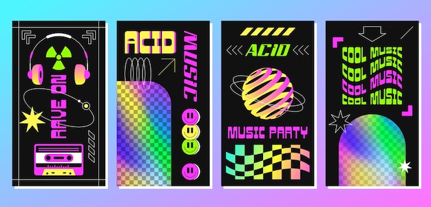 Bezpłatny wektor rave acid plakaty z abstrakcyjnymi kształtami geometrycznymi elementy dyskoteczne holograficzne ramki tęczowe