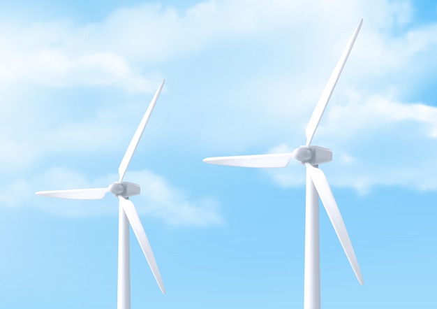Bezpłatny wektor realistyczna biała turbina wiatrowa i błękitne niebo
