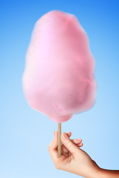 Bezpłatny wektor realistyczna cukierku cukieru bawełna w ręka składzie z realistycznym wizerunkiem ludzkiego nadgarstka mienia słodkiego kija wektoru ilustracja