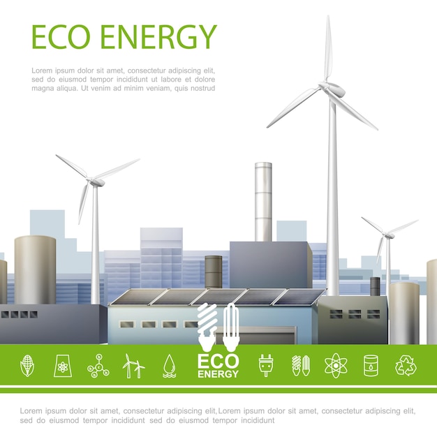 Realistyczna Eko Energia Kolorowa Koncepcja Z Wiatrakami Fabryki Ekologii I Ilustracji Ikony Ekologicznej Energii Elektrycznej