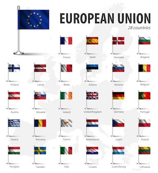 Realistyczna flaga unii europejskiej (ue) i członkostwa z flagpole na mapie europy backgro