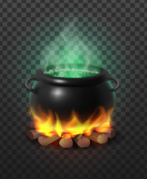 realistyczna ikona Czarny kocioł wiedźmy na ognisku na drewnie z wewnątrz magiczną bulgoczącą zieloną miksturą na przezroczystym tle