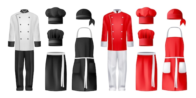 Bezpłatny wektor realistyczna ikona odzieży szefa kuchni kulinarnej zestaw dwóch zestawów kostiumów w czerni i bieli oraz czerwono-białej z czapką i fartuchami ilustracji wektorowych
