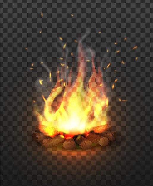 Bezpłatny wektor realistyczna ikona ognisko z kawałkami drewna na przezroczystym tle