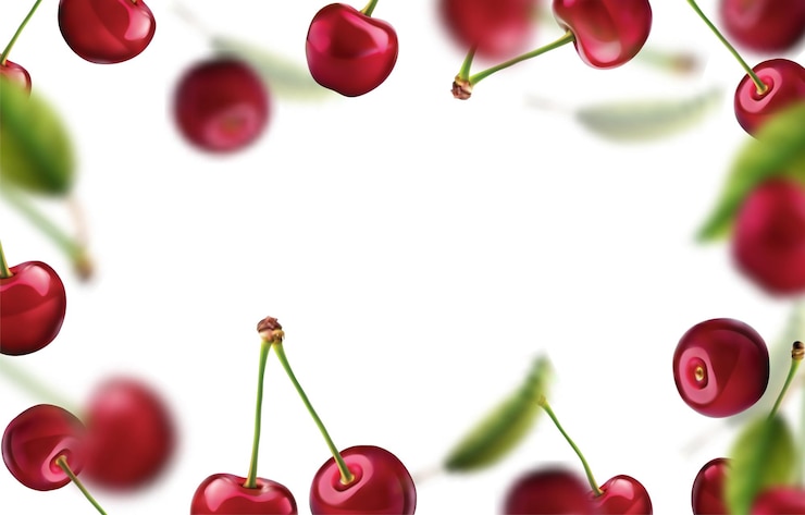 Bezpłatny plik Wektor realistyczna ilustracja ikony wektorowej świeże czerwone wiśnie ze łodygą i liściem lub bez i niewyraźne efekty