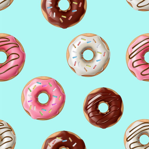 realistyczna ilustracja wektorowa Kolorowe pączki z czekoladowym wzorem glazury z posypkami