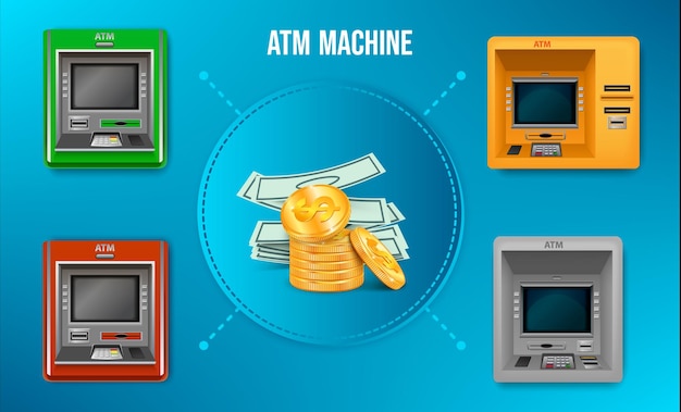 Bezpłatny wektor realistyczna infografika z bankomatami w różnych kolorach i gotówką w środku na niebieskim tle ilustracji wektorowych