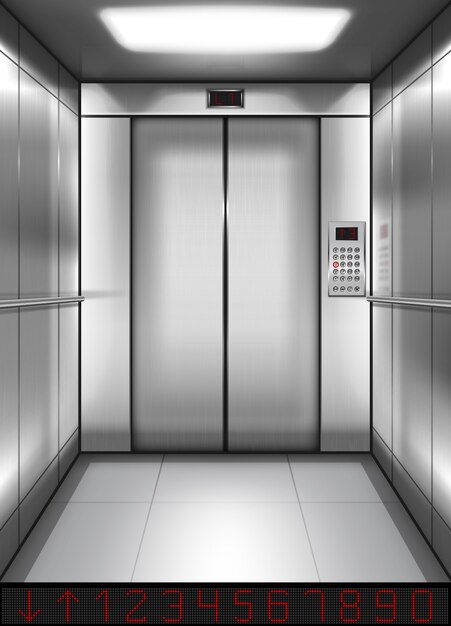Realistyczna kabina windy z zamkniętymi drzwiami w środku