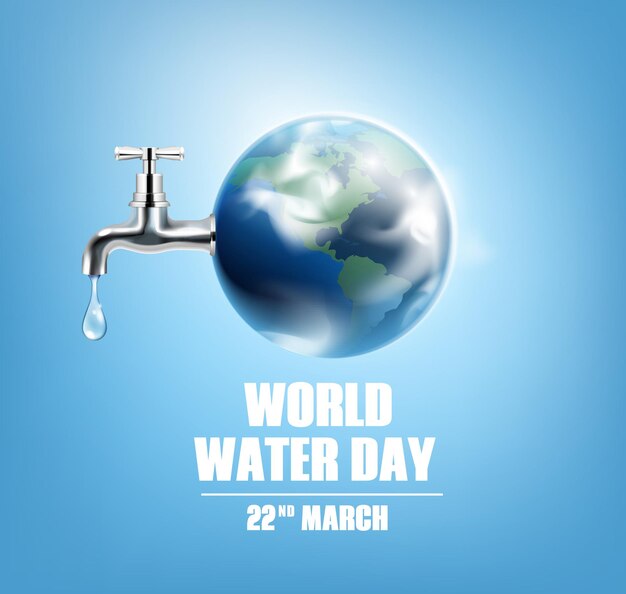Realistyczna karta światowego dnia wody z kranem kuli ziemskiej i datą 22 marca