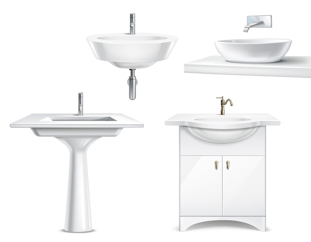 Bezpłatny wektor realistyczna kolekcja 3d obiektów łazienkowych z izolowanymi białymi ceramicznymi elementami do wanny i toalety