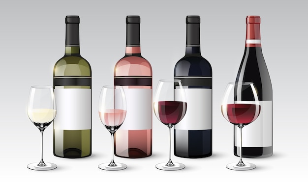 Bezpłatny wektor realistyczna kolekcja butelek i kieliszków wina z białą czerwoną różą na białym tle