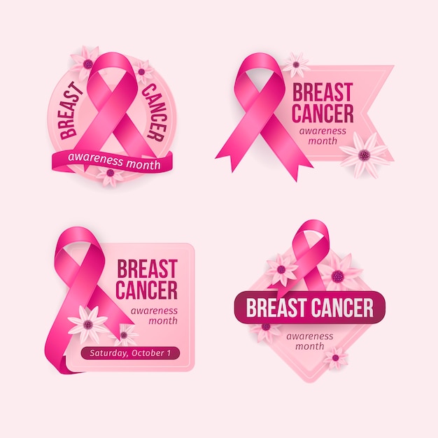 Bezpłatny wektor realistyczna kolekcja etykiet miesiąca świadomości raka piersi