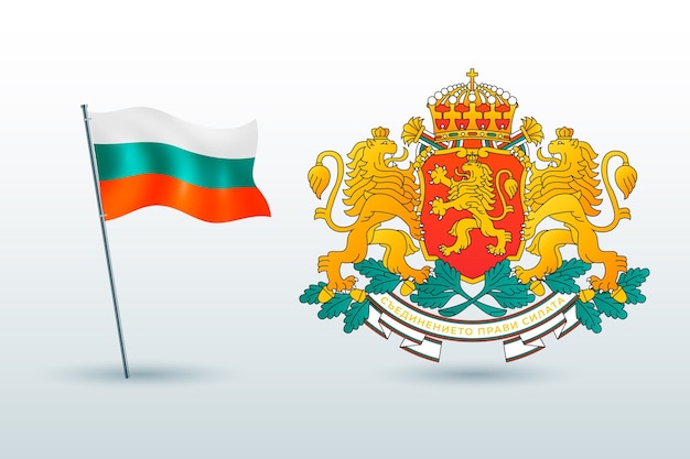 Realistyczna kolekcja flagi bułgarskiej i emblematów narodowych