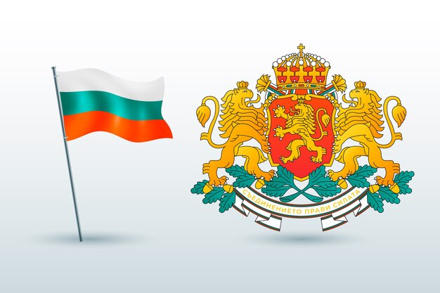 Realistyczna kolekcja flagi bułgarskiej i emblematów narodowych