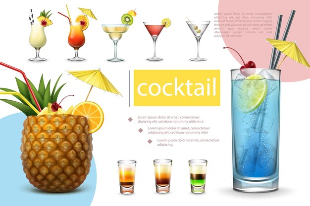 Realistyczna kolekcja letnich koktajli z pina colada tequila sunrise margarita cosmopolitan martini blue lagoon i różnymi drinkami