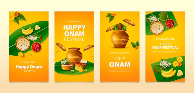 Bezpłatny wektor realistyczna kolekcja opowiadań na instagramie na obchody onam