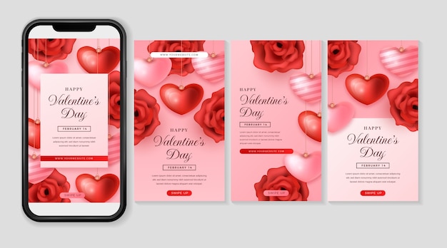 Bezpłatny wektor realistyczna kolekcja opowiadań walentynkowych na instagramie