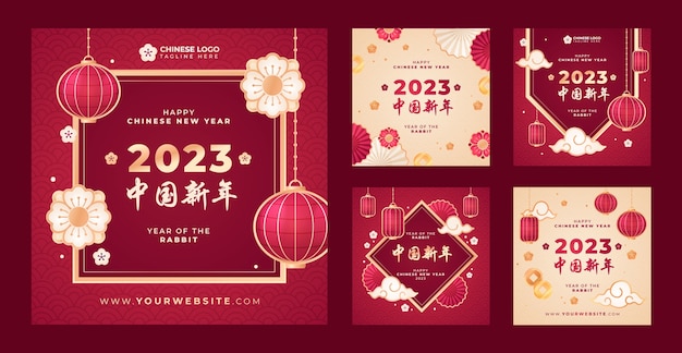 Bezpłatny wektor realistyczna kolekcja postów na instagramie chińskiego nowego roku