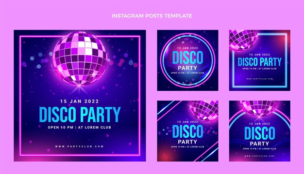 Realistyczna kolekcja postów na instagramie neon disco